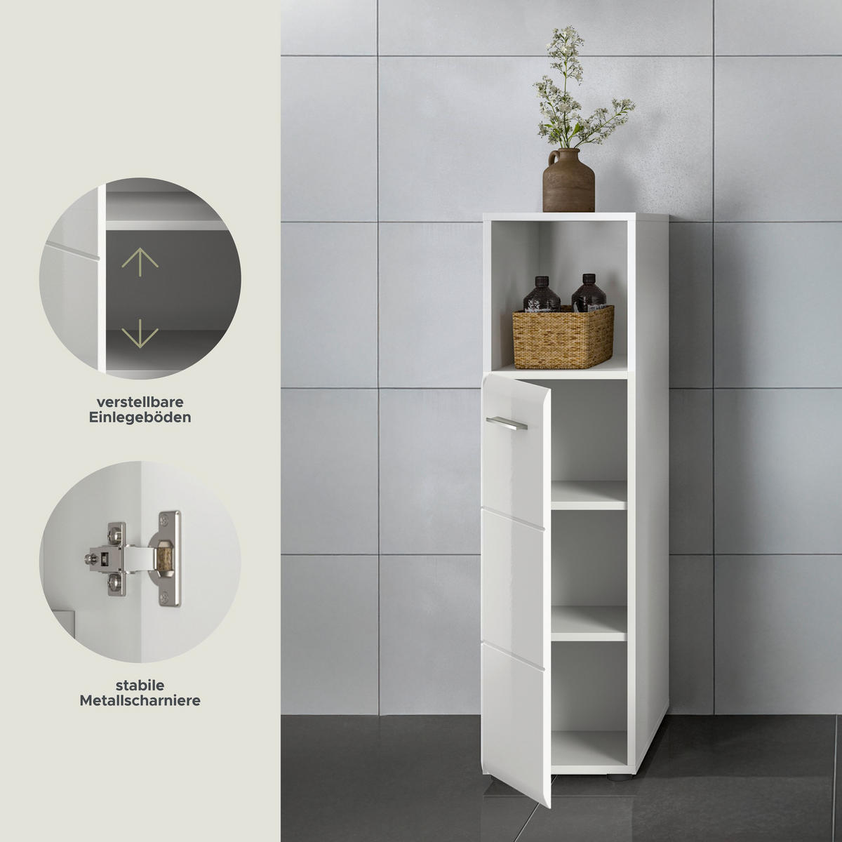 STANDSCHRANK hoch Ice Bad in weiß Nachbildung und weiß hochglanz B/H/T: 30x110x30 cm - Weiß, Holz (30/110/30cm)