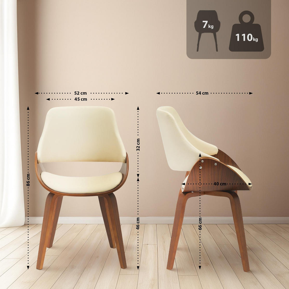 ESSZIMMERSTUHL Vangale 2er Set 86x52x54 cm walnuss/creme - Nussbaumfarben, Holz (52/86/54cm) - furnicato