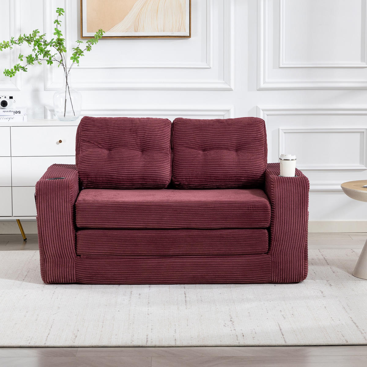 SCHLAFSOFA 2-Sitzer Sofa mit 2 Zierkissen,Lounge Sofa,Polstersofa,Cord,Weinrot - Rot, Textil (136/82.5/80cm) - LVHOM
