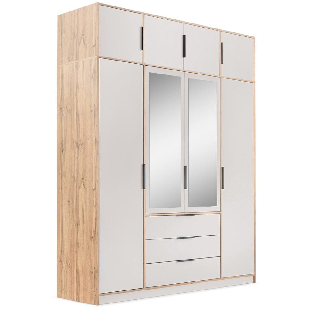 DREHTÜRENSCHRANK Livo mit 4 Türen und 3 Schubladen, mit Schrankaufsatz, kaschmir+eiche Wotan, 200 cm - Kaschmir/Eiche Wotan, Holzwerkstoff (200/245/57cm) - Beautysofa