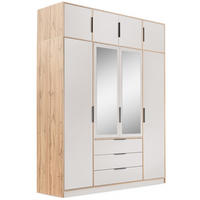 DREHTÜRENSCHRANK Livo mit 4 Türen und 3 Schubladen, mit Schrankaufsatz, kaschmir+eiche Wotan, 200 cm - Kaschmir/Eiche Wotan, Holzwerkstoff (200/245/57cm) - Beautysofa