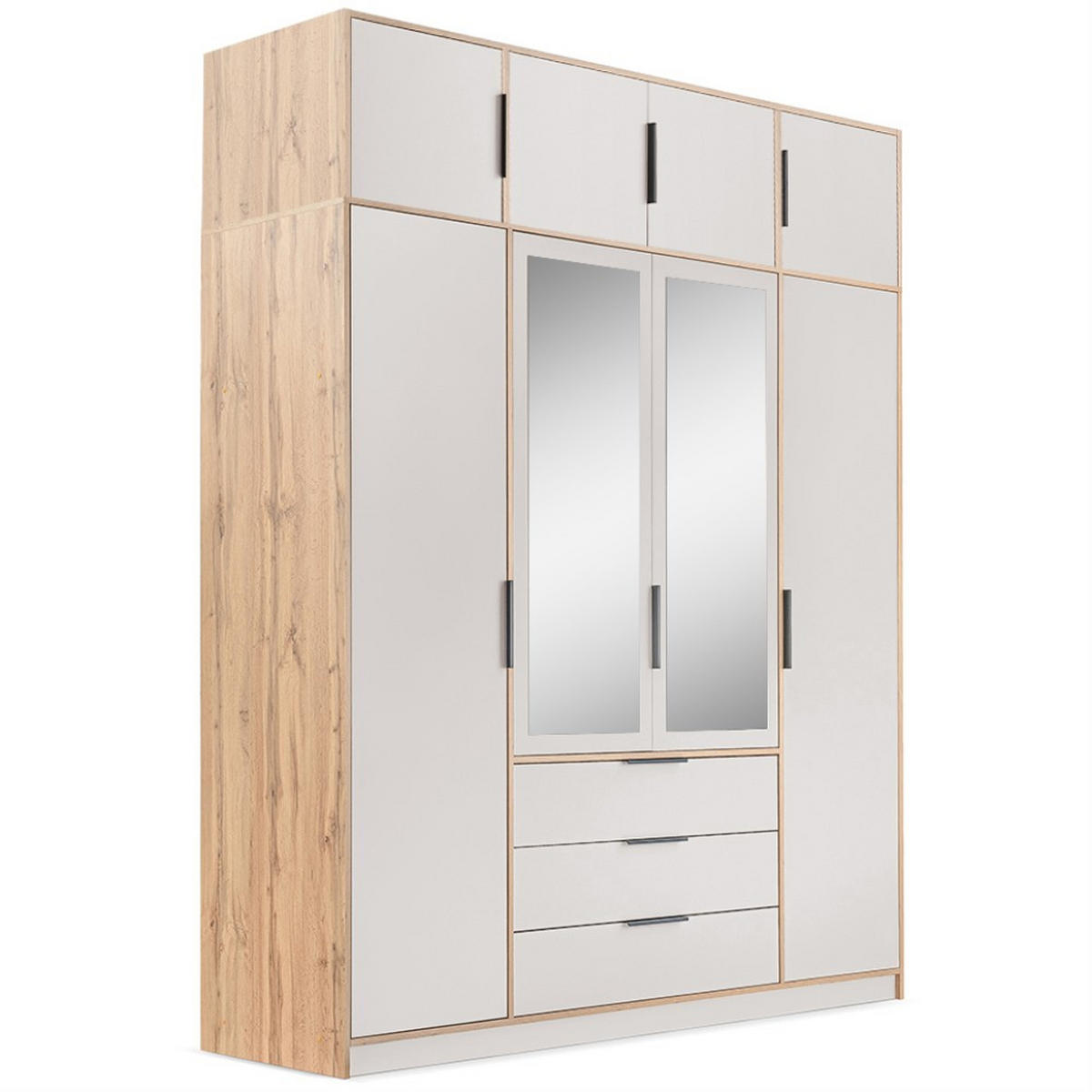 DREHTÜRENSCHRANK Livo mit 4 Türen und 3 Schubladen, mit Schrankaufsatz, kaschmir+eiche Wotan, 200 cm - Kaschmir/Eiche Wotan, Holzwerkstoff (200/245/57cm) - Beautysofa