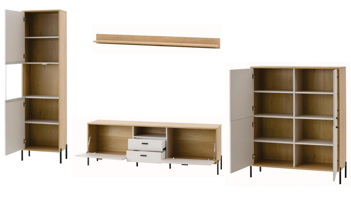 WOHNWAND Kaschmir, Eiche 384 cm Set 4-teilig, Wohnkombination mit Soft-Close - Kaschmir/Eichefarben, Glas/Holzwerkstoff (384/204/40cm) - Furn.Design