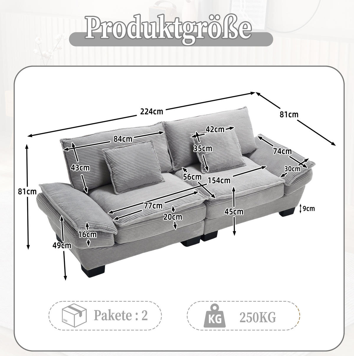 SOFA 2-Sitzer ultratiefer Sitz ca. 224 x 81 x 81 cm Samt Light Gray - Hellgrau, Kunststoff (224/81/81cm) - Meubliv