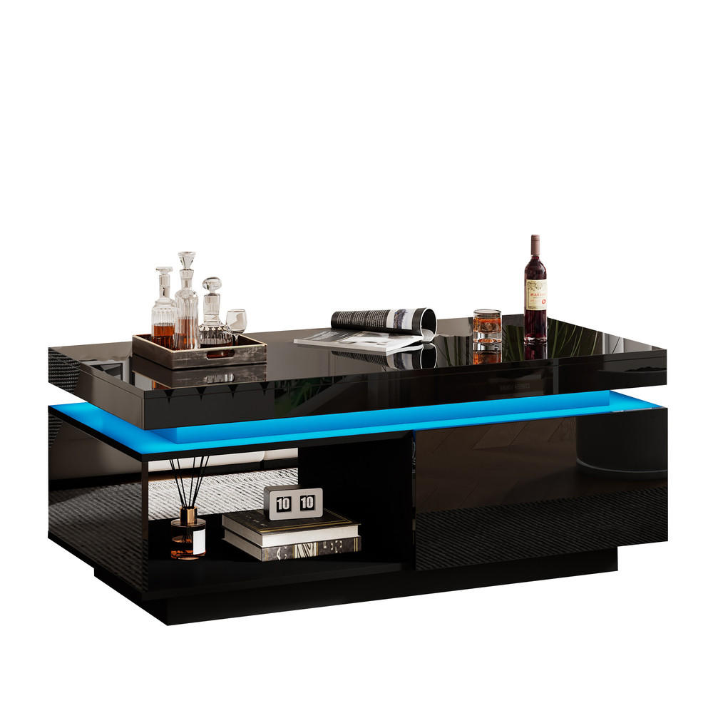 COUCHTISCH 100x50cm Schwarz Hochglanz LED Schublade 50kg Tragkraft - Schwarz, Holz (100/50/40cm) - FLIEKS