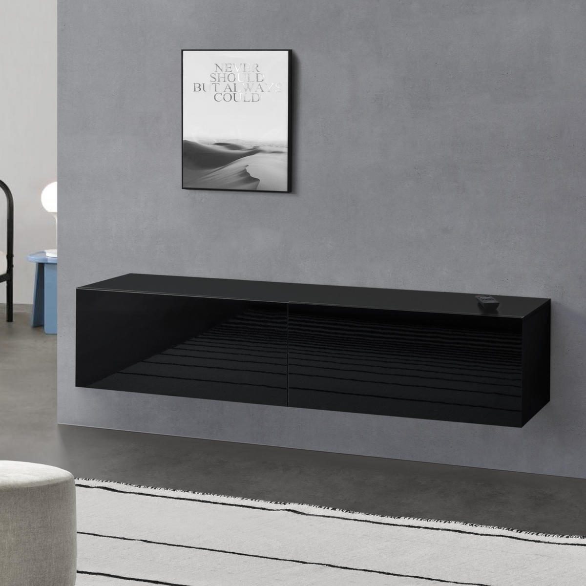 HÄNGELOWBOARD Evaton - Schwarz Hochglanz, Holzwerkstoff (140/30/33cm) - [en.casa]