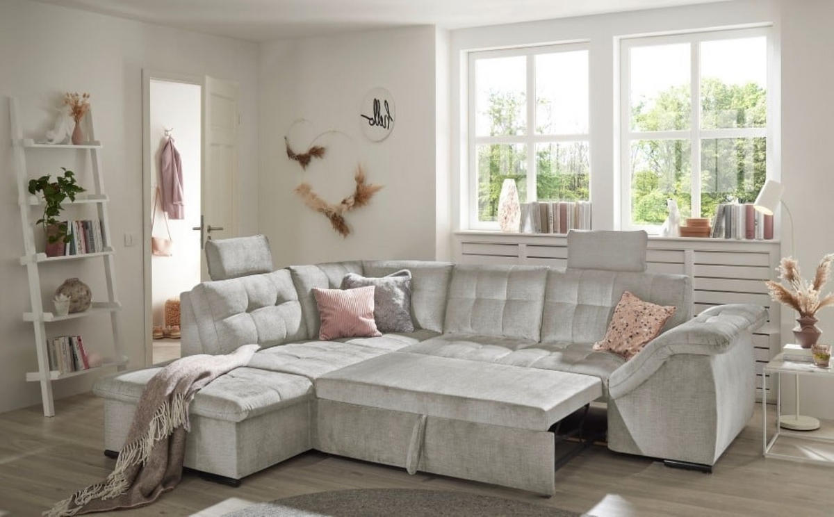 ECKSOFA mit Schlaffunktion und Bettkasten - Silberfarben, Kunststoff/Textil (283/217cm) - ed exciting design