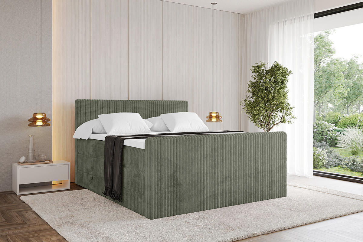 BOXSPRINGBETT mit Matratze H3|H4 und Lattenrost - TOLO-Z KING 200x200 Cord - Olive - Olivgrün, Holzwerkstoff (200/200cm) - ALTDECOR