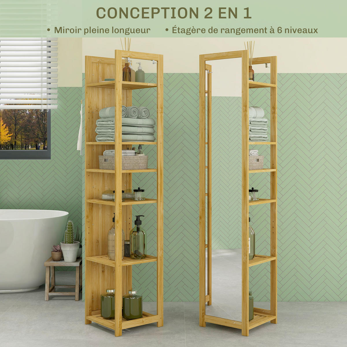 BADREGAL DE-17918 6 Ablagen mit Spiegel Natur - Naturfarben, Naturmaterialien (35/168/35cm) - ComfortXL