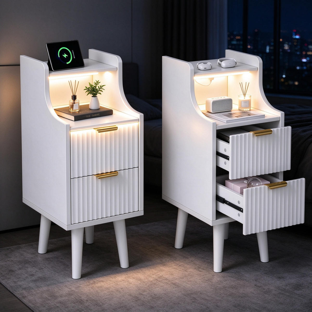 NACHTTISCH 2er Set mit LED-Beleuchtung & Ladestation, Bettseitentisch mit 2 Schubladen, in Weiß, 25/30/60 cm - Goldfarben/Weiß, Holz/Metall (30/60/25cm) - BPKADHY