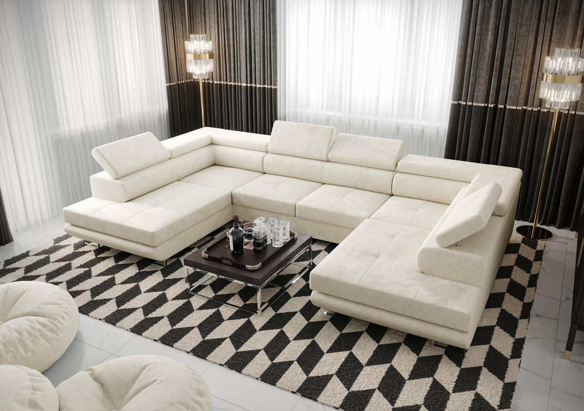 WOHNLANDSCHAFT PRAGA DESIGN U, Eckcouch in U-Form mit Schlaffunktion, Farbe: Beige, Velourstoff, Ottomane Universal - Beige, Textil (342/89/202cm) - O-Sofa