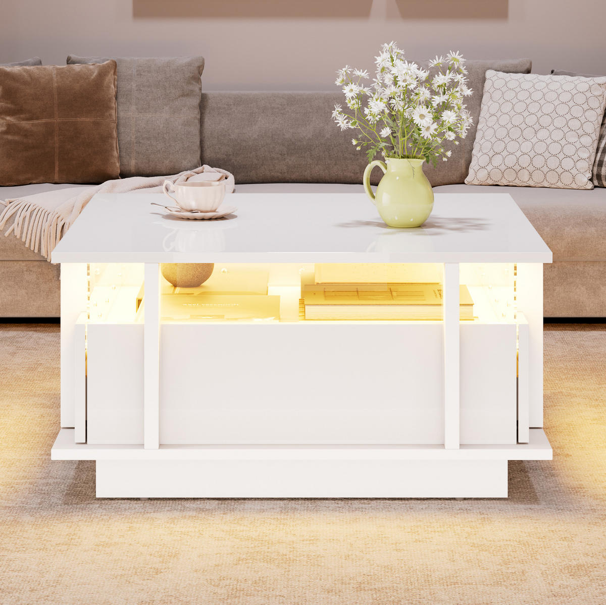 KONFERENČNÍ stolek 70/70/35 cm bílý vysoký lesk s LED osvětlením a 2 zásuvkami - bílá, kompozitní dřevo (70/70/35cm) - BEAOK