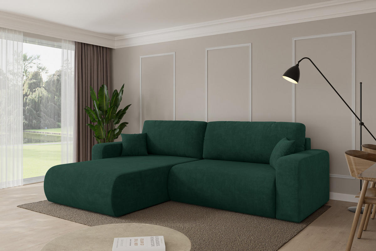 ROHOVÁ SEDAČKA s funkcí spaní, otoman vlevo BERY-L 276x193x88 zelená velur - černá/zelená barva, kompozitní dřevo/textil (276/193cm) - ALTDECOR