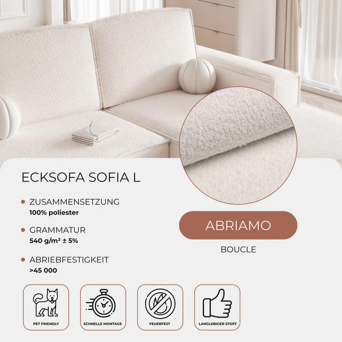 ECKSOFA SOFIA Bouclé-Stoff in Weiß - Weiß, Holzwerkstoff/Kunststoff (210/157cm) - Idohome