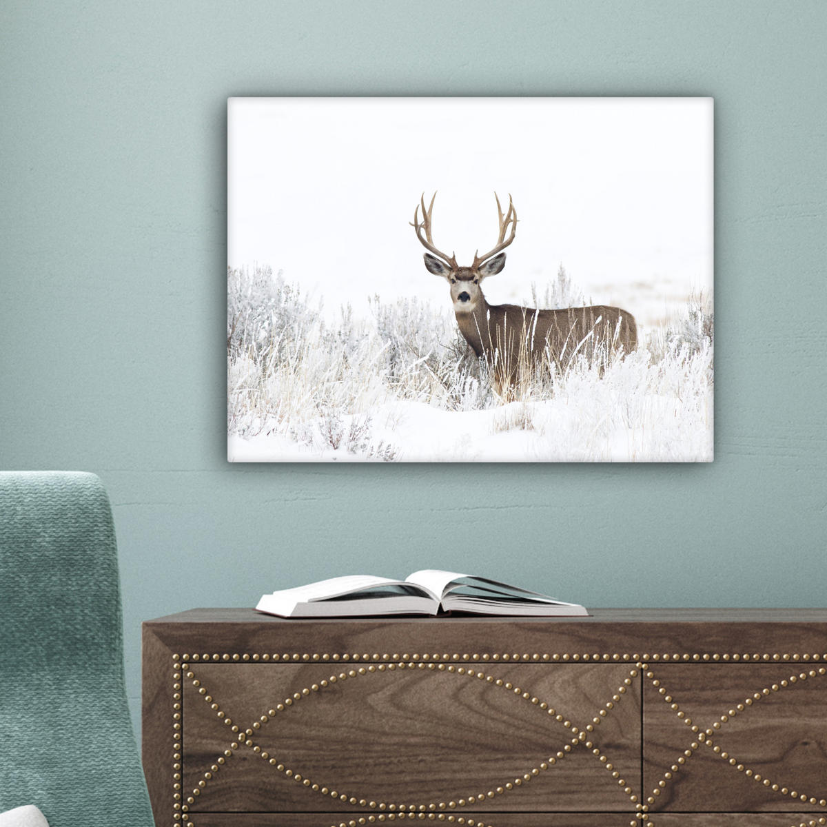 LEINWANDBILD Hirsche - Winter - Schnee - Tiere - Jahreszeiten - Weiß 40x30 cm - Hellbraun, Textil (40/30cm) - MuchoWow