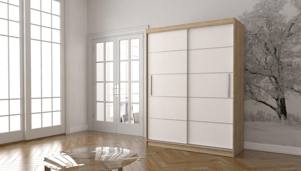 SCHIEBETÜRENSCHRANK - Lara 06 - Sonoma + Weiß - Weiß/Sonoma Eiche, Holzwerkstoff/Metall (150/200/61cm) - Möblo