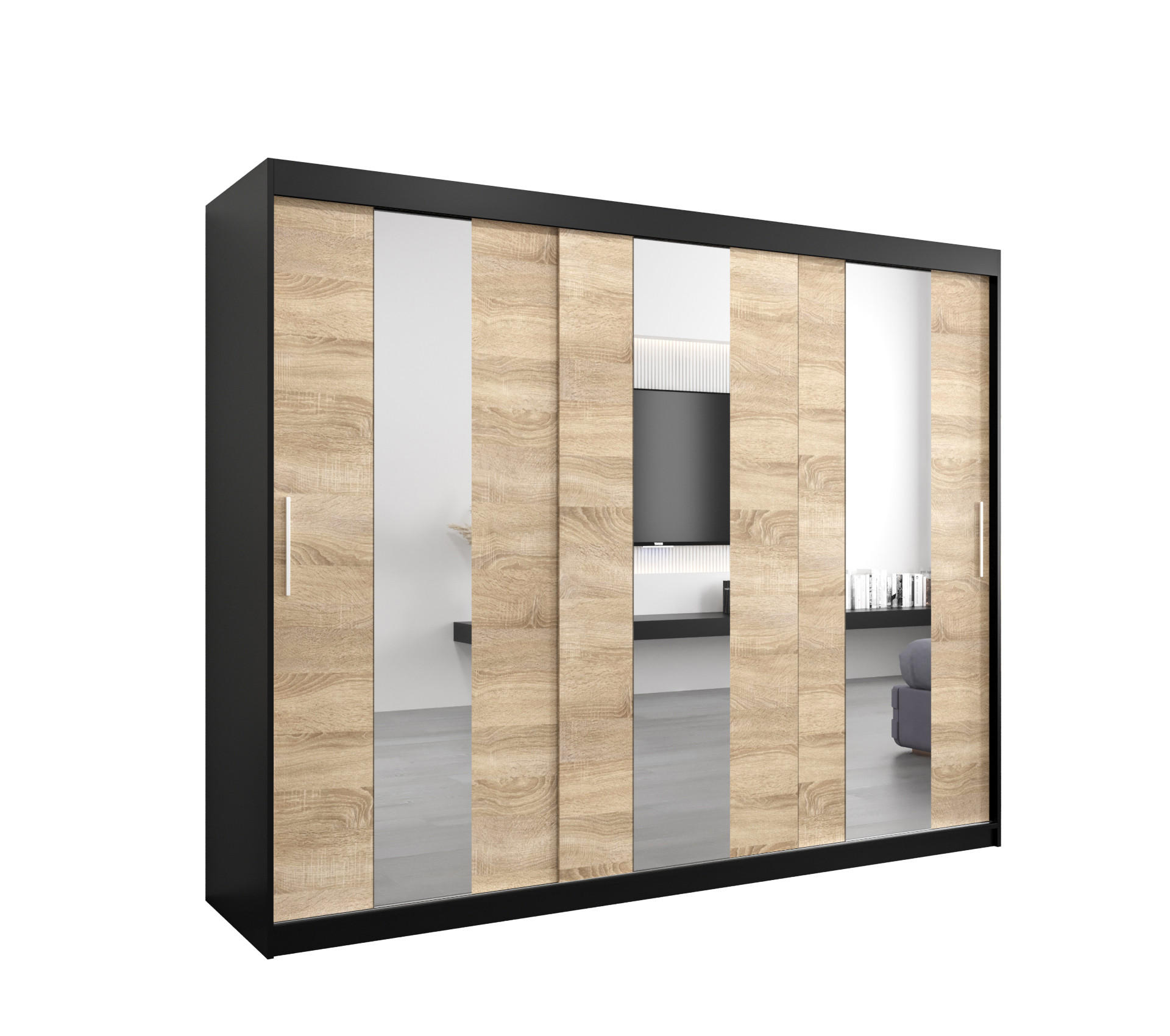 Abiks Möbel Schwebetürenschrank Schwarz, Sonoma Eiche 250x200x62 cm