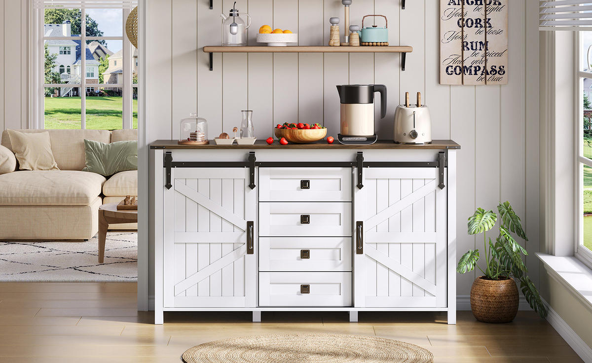 SIDEBOARD im modernen Landhausstil mit 2 Schiebetüren und 4 Schubladen, MDF, 137/40/81,5 cm, Weiß - Weiß, Holzwerkstoff (137/81.5/40cm) - Redom