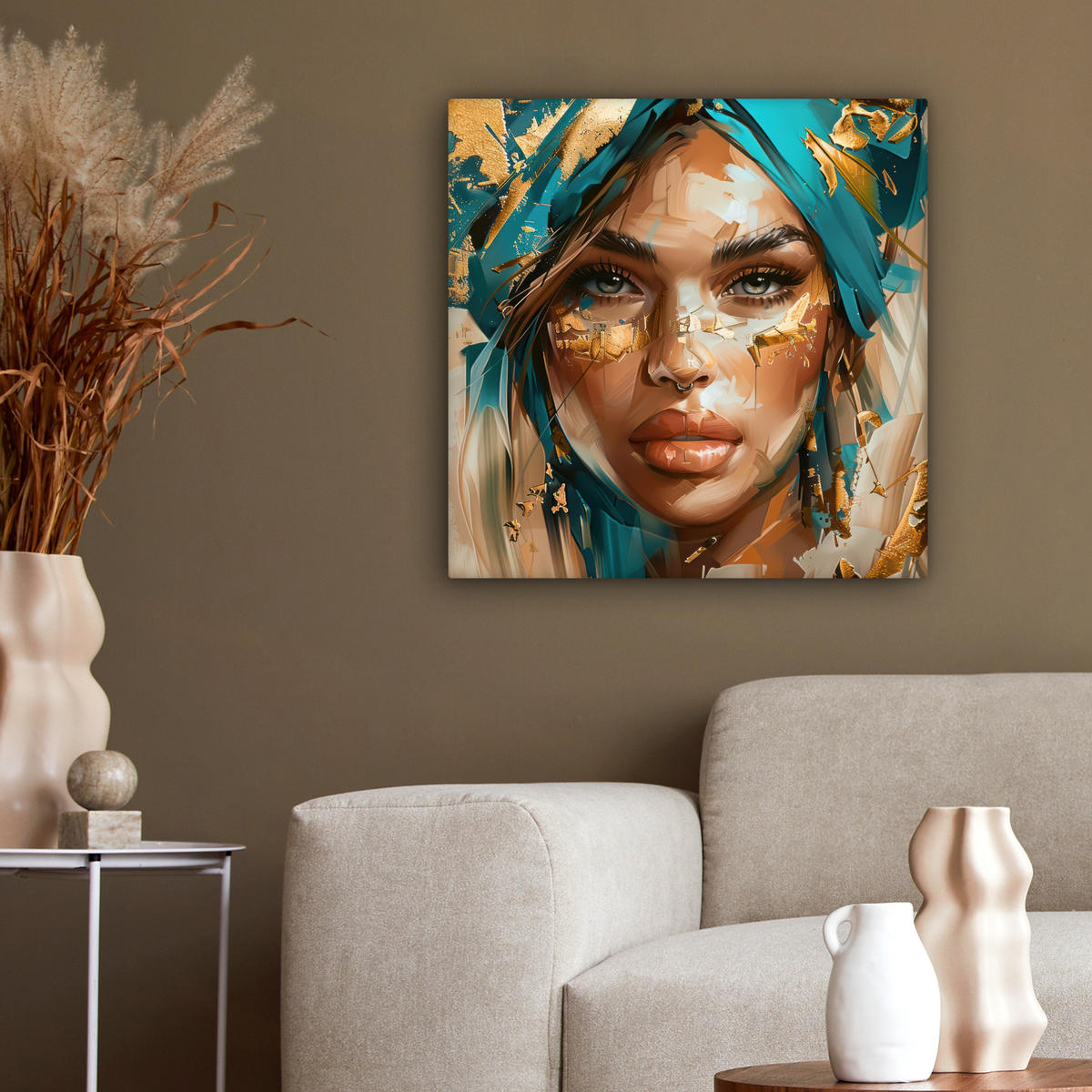 OBRAZ NA PLÁTNE Žena - Portrét - Zlato - Luxus - Modrá 50x50 cm - tyrkysová, textil (50/50cm) - MuchoWow