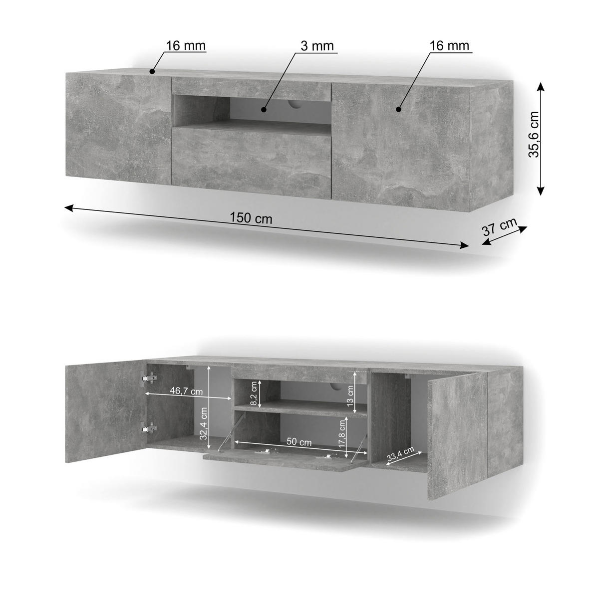 TV LOWBOARD Beton 150/42/37 - Grau, Holzwerkstoff (150/42/37cm) - RAUMHIRSCH FURNITURE