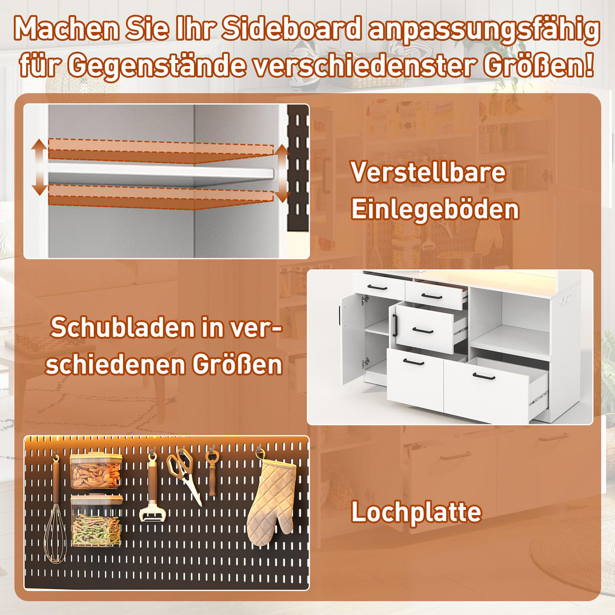 BUFFET DE-38693 105/40/185 cm LED-Beleuchtung und 5 Schubladen Weiß - Weiß, Holzwerkstoff (145/185/40cm) - ComfortXL