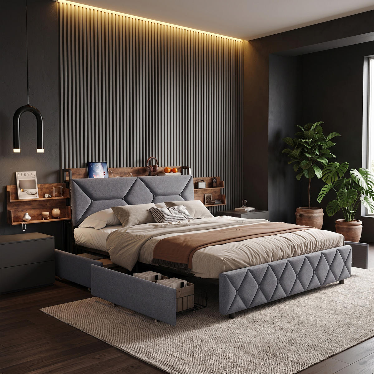 POLSTERBETT 140x200 mit Stauraum, 4 Schubladen und Steckdose, Lattenrost, Kopfteil mit verstecktem Stauraum, Grau - Grau, Holz/Textil (140/200cm) - GENKI LIVING