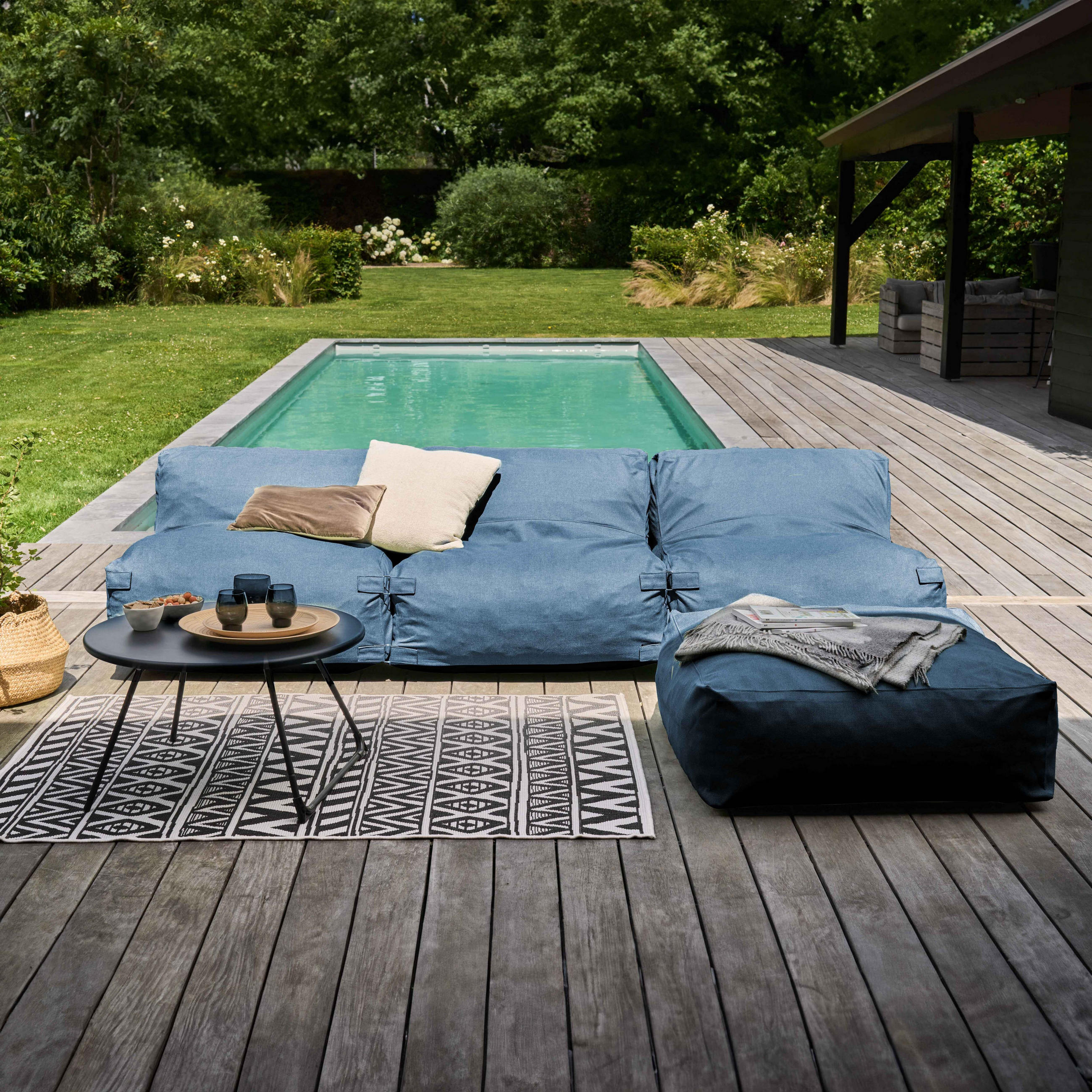 GARTENSOFA mit 4 Sitzplätzen, Pazifikblau - Blau, Textil (85/65/340cm) - Oviala