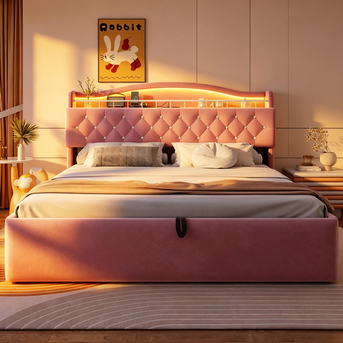 POLSTERBETT 180/200 cm in Pink mit Bettkasten, LED, USB und USB-C Samt - Rosa, Holzwerkstoff/Textil (180/200cm) - STILVORA