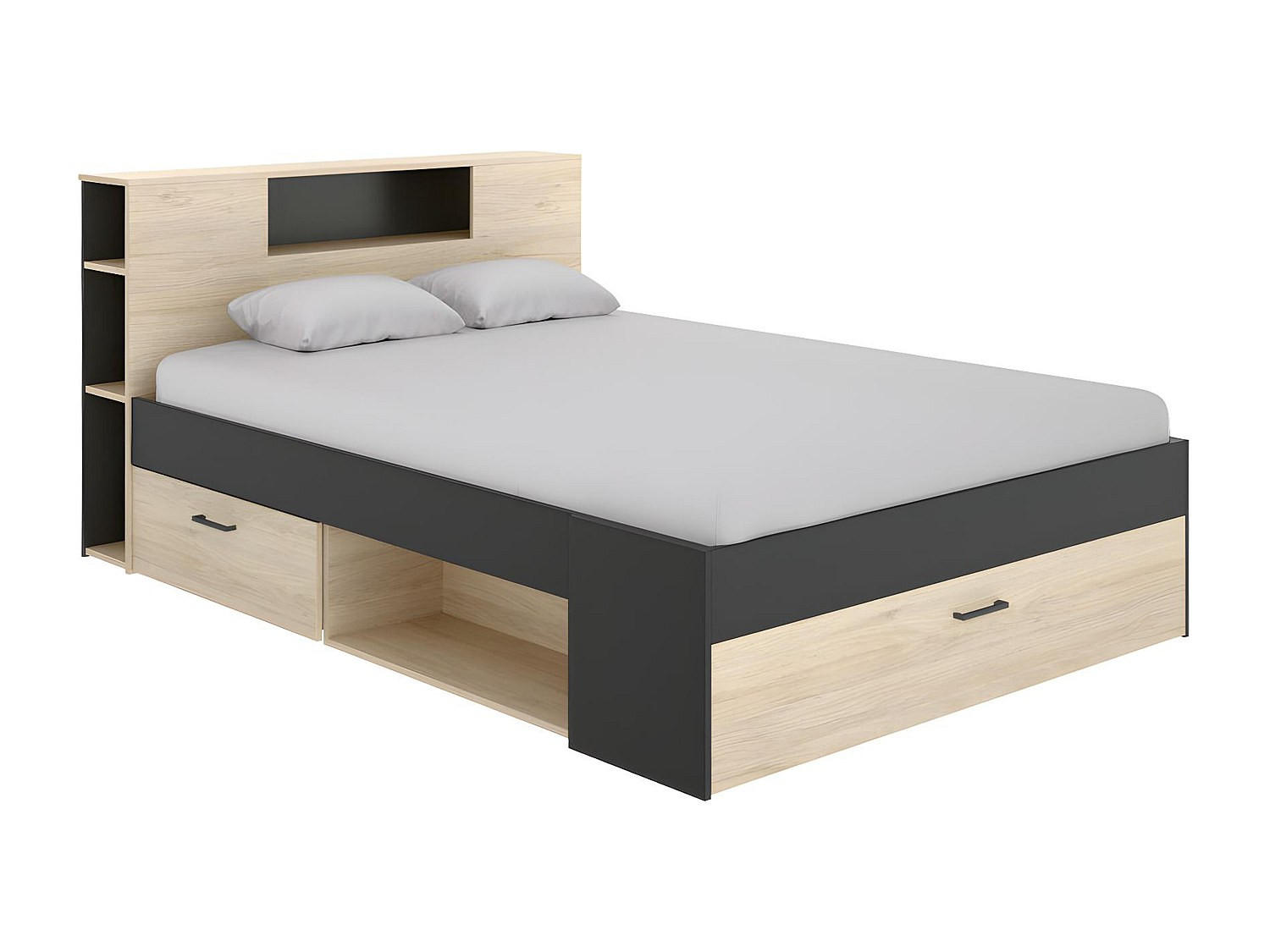 BETT mit Kopfteil, Stauraum & Schubladen - 140 x 190 cm - Naturfarben & Anthrazit - LEANDRE - Anthrazit, Holz (149.6/218.5cm) - Vente-Unique