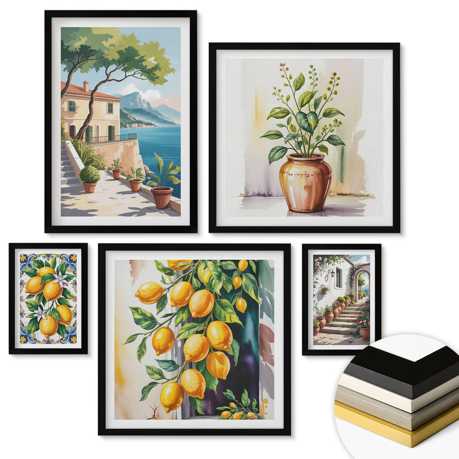 WANDBILDER 5er-Set - 50x50 cm & 20x30 cm & 40x60 cm Schwarzer Rahmen - Zitrusbaum im Fenster am Meer - Schwarz, Kunststoff (40/60cm) - ArtPrintCave