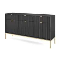 SIDEBOARD Eternas 3T 3S Schwarz 154/83/39 cm – goldene Füße, mit geriffelten Fronten - Goldfarben/Schwarz, Holzwerkstoff (154/83/39cm) - AX Living