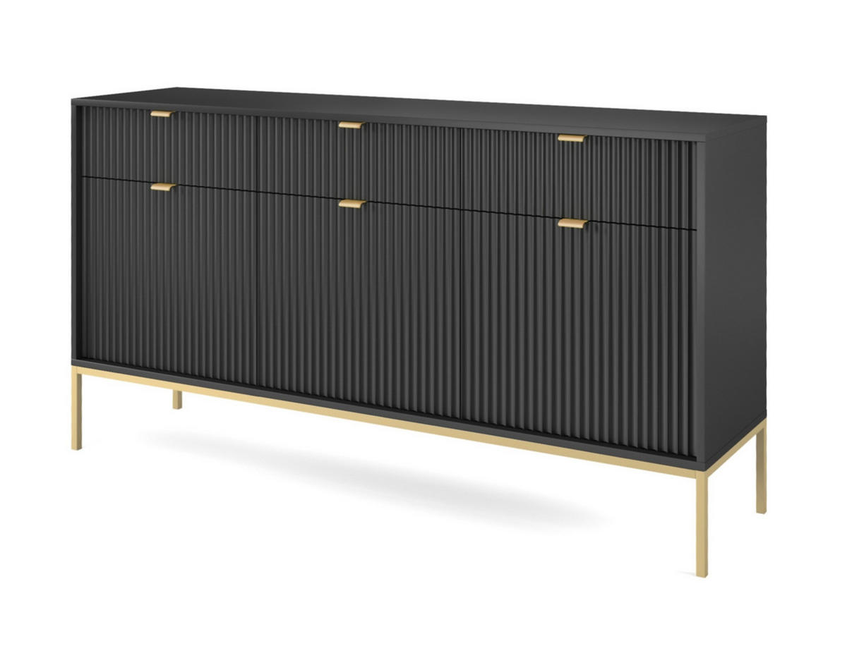 SIDEBOARD Eternas 3T 3S Schwarz 154/83/39 cm – goldene Füße, mit geriffelten Fronten - Goldfarben/Schwarz, Holzwerkstoff (154/83/39cm) - AX Living