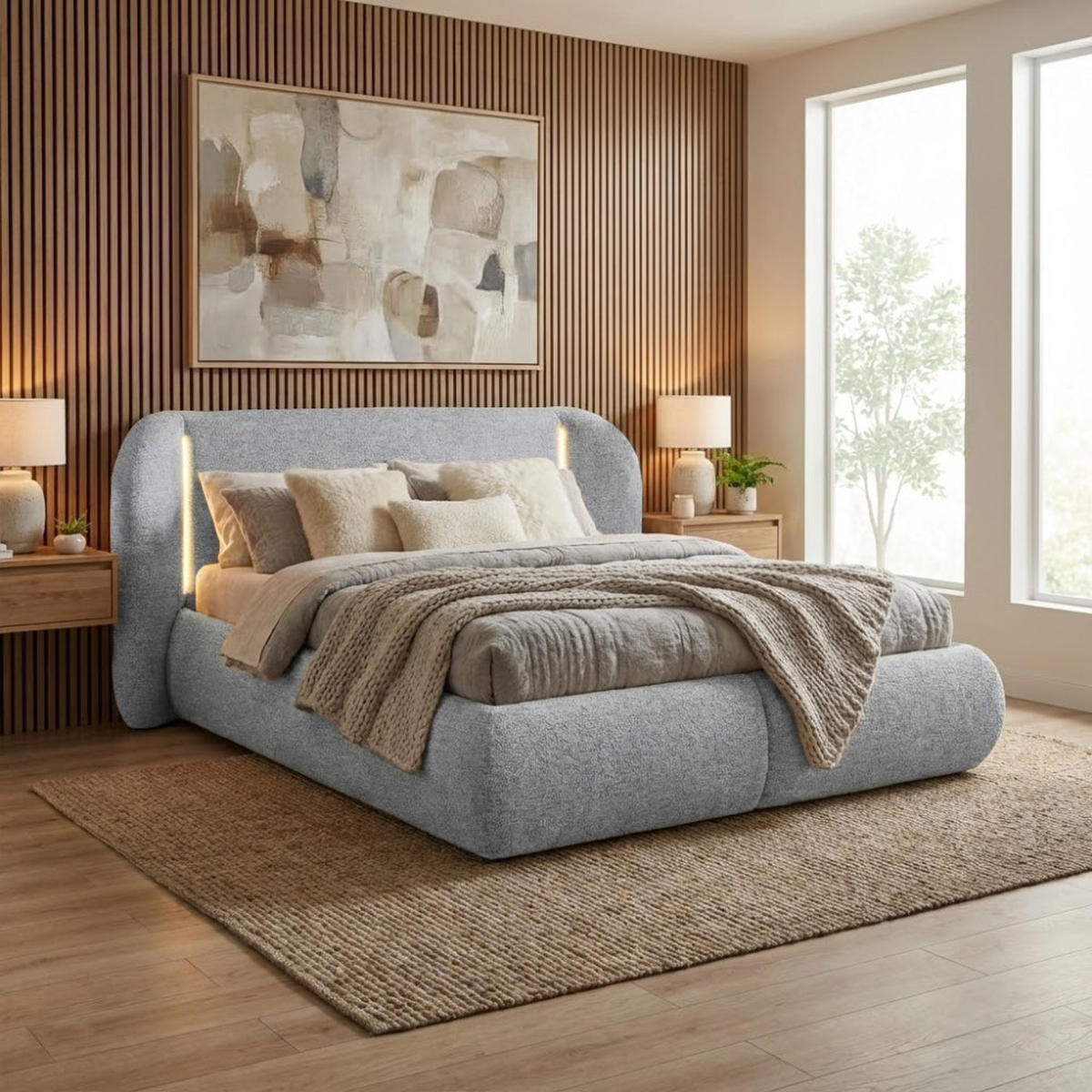 POLSTERBETT Corfu mit LED-Beleuchtung, mit Bettkasten, rundliche Formen, 140x200, Hellgrau - Hellgrau, Textil/Metall (140/200cm) - Beautysofa