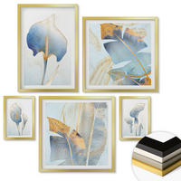 WANDBILDER 5er Set - 50x50 cm & 20x30 cm & 40x60 cm Goldrahmen - Blaue Blumen im Hintergrund - Goldfarben, Kunststoff (40/60cm) - ArtPrintCave