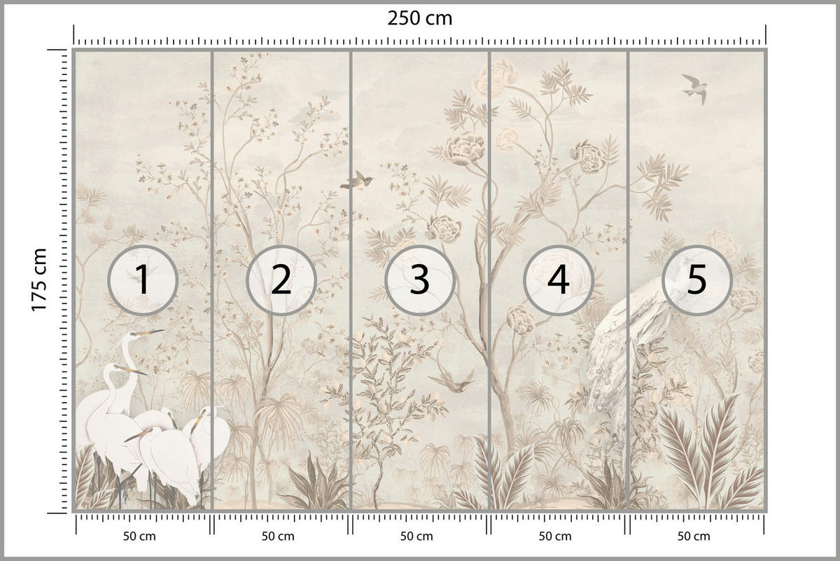 FOTOTAPETE für Esszimmer Weiße Vögel Bäumen Natur Kräne Blumen 250x175 - Beige, Papier (250/175cm) - Muralo