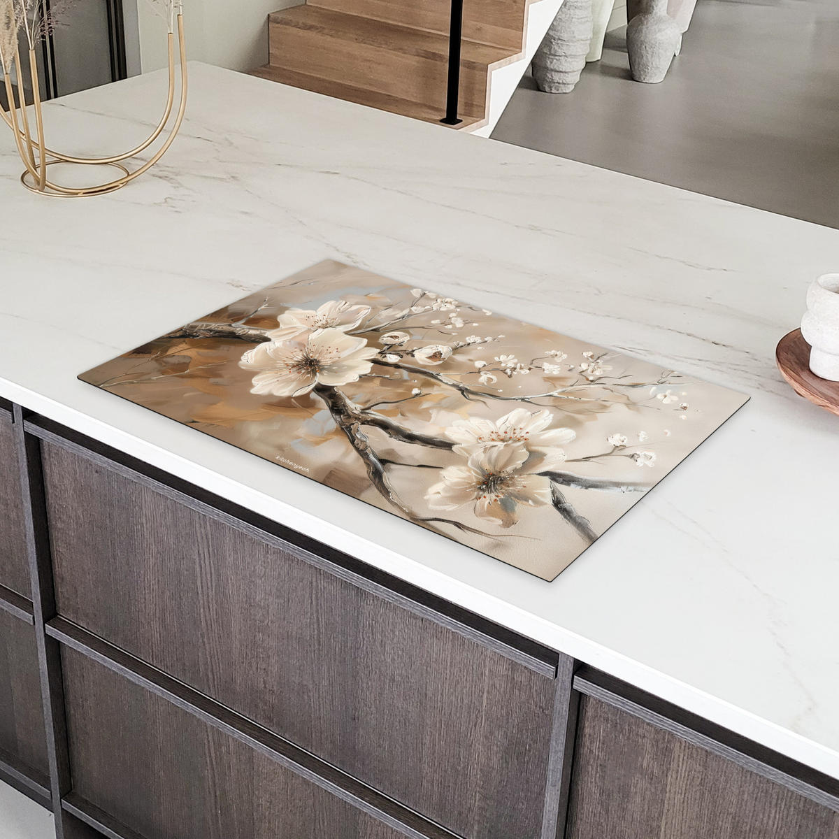 HERDABDECKPLATTE Blumen - Abstrakt - Gemalt - Beige Induktionsmatte 83x51 cm - Beige, Kunststoff (83/51.5/0.2cm) - MuchoWow