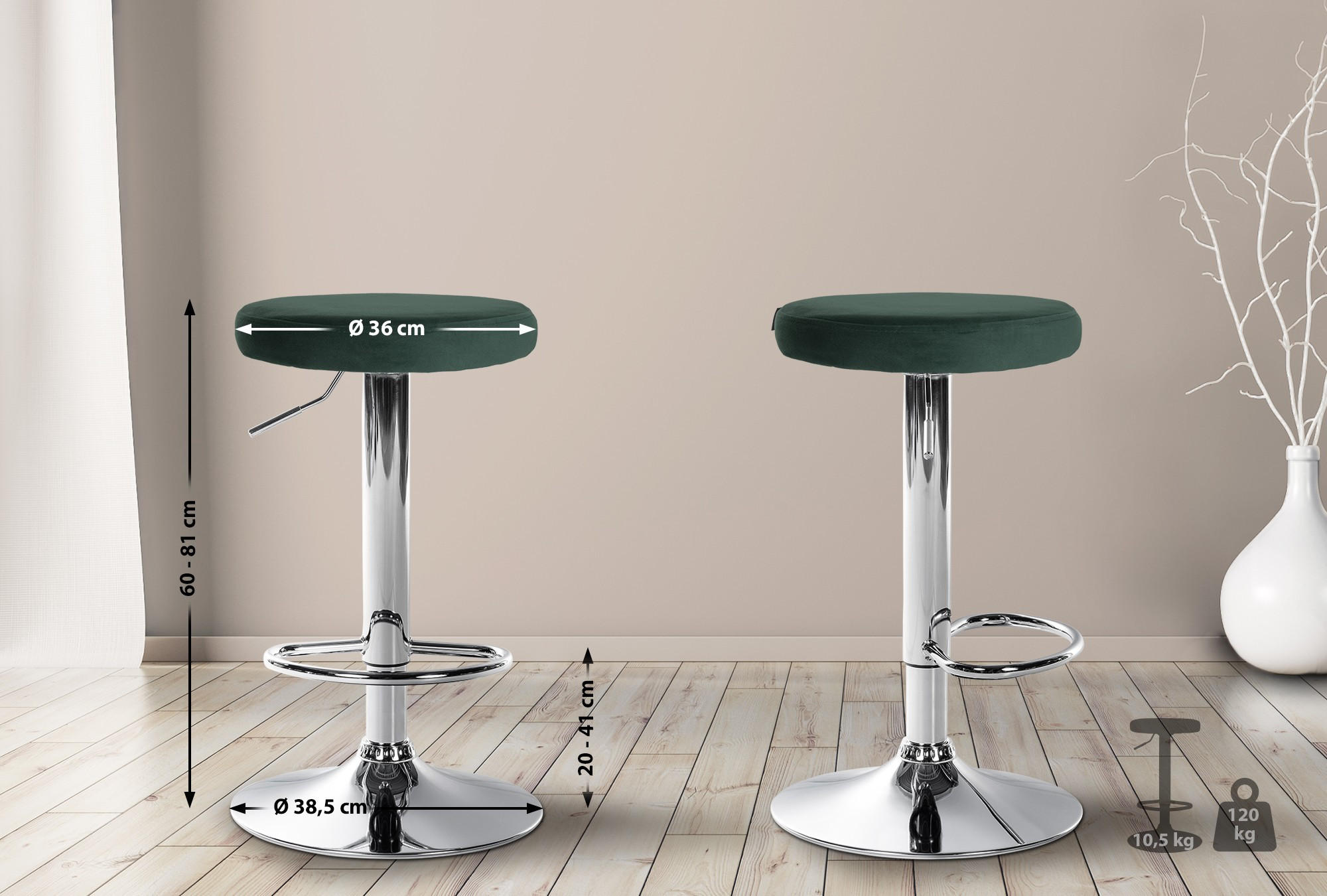 BARHOCKER Samt grün - Chromfarben/Grün, Textil/Metall (38.5/60/38.5cm) - CLP