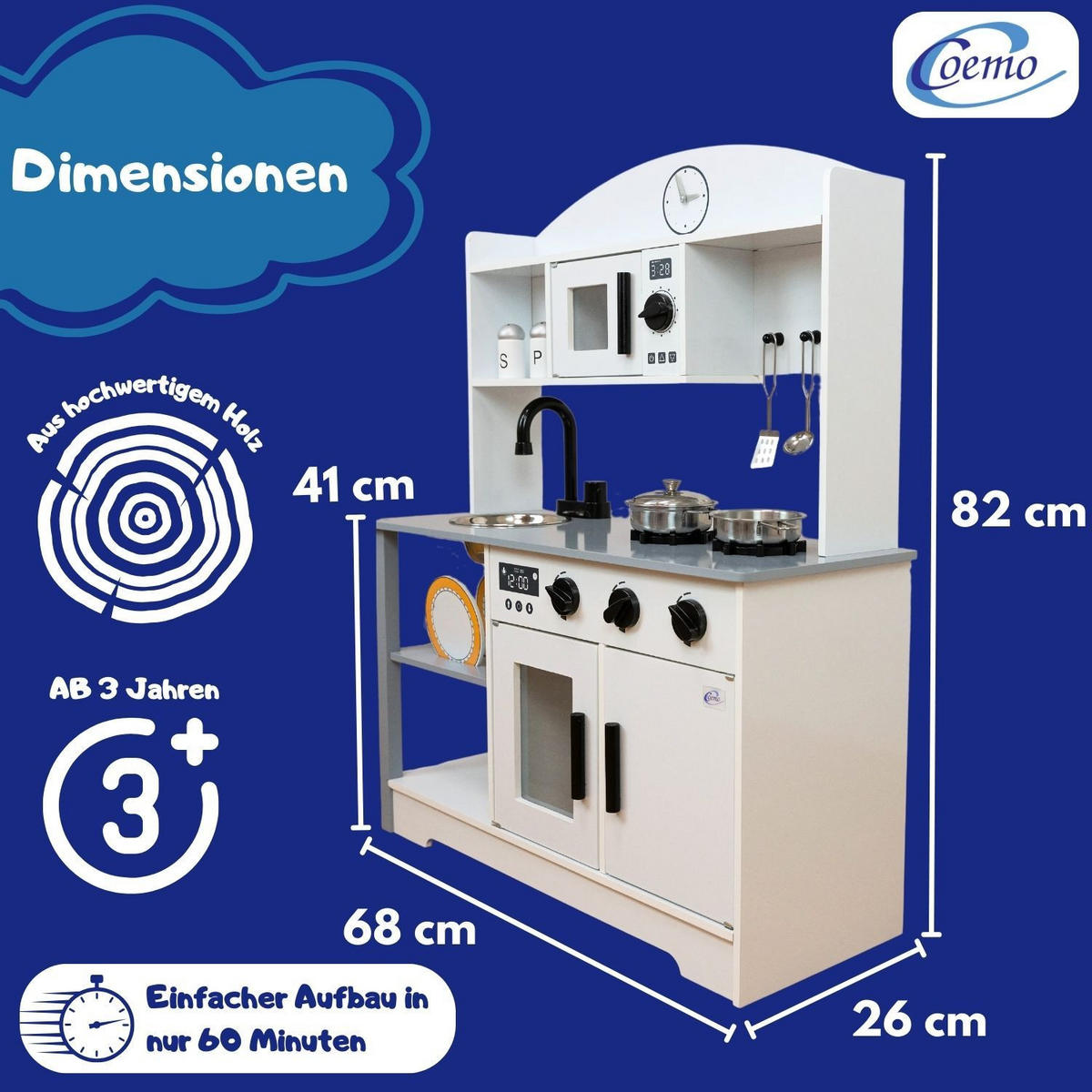 SPIELKÜCHE ELLA mit Zubehör 68/26/82 cm - Grau, Holz (68/26/82cm) - Coemo
