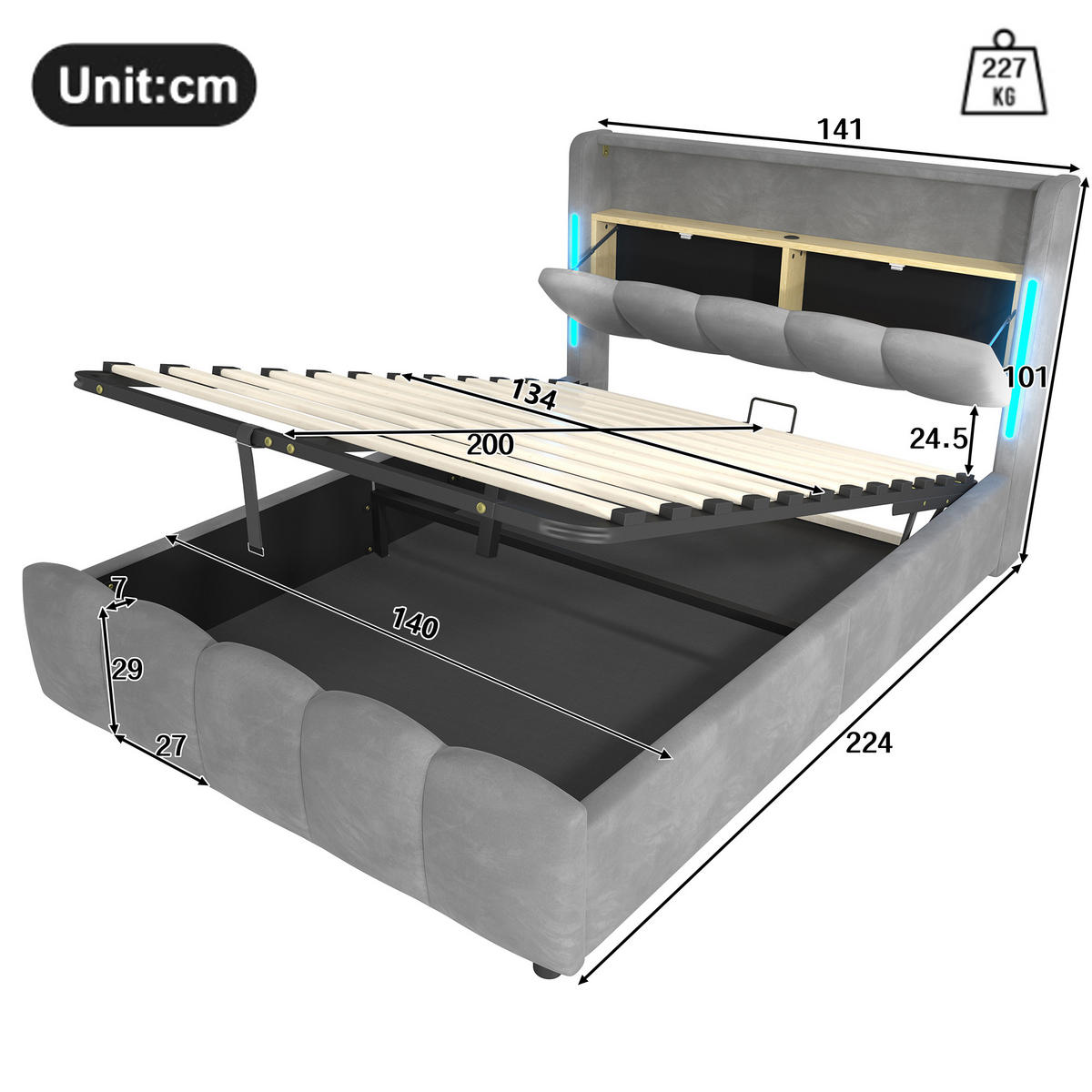 POLSTERBETT 140/200 cm in Grau Samt mit Bettkasten, LED, USB und Type-C - Grau, Holzwerkstoff/Textil (140/200cm) - WISHDOR