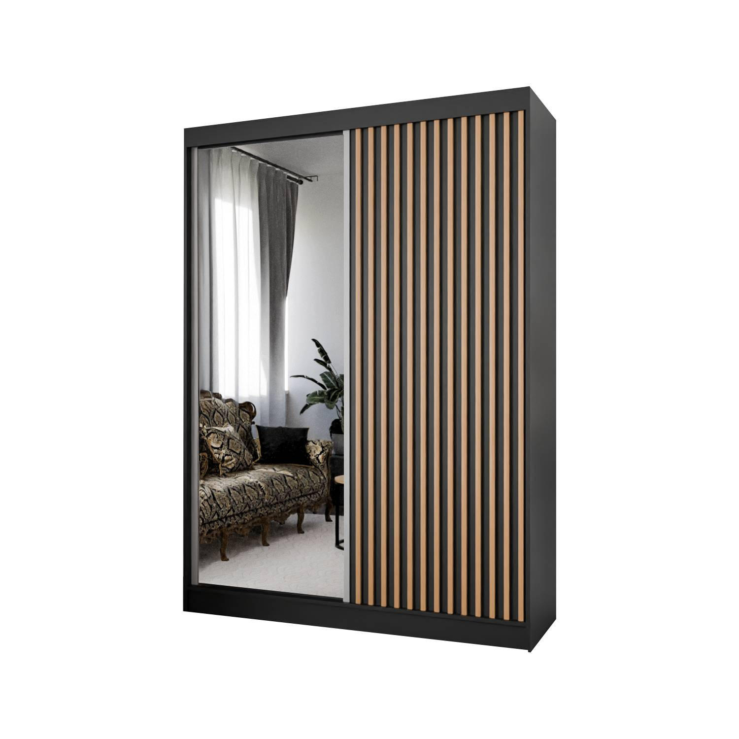 SCHIEBETÜRENSCHRANK LAMELIS - Eiche Wotan/Schwarz, Holzwerkstoff (150/215/61cm) - Meblini