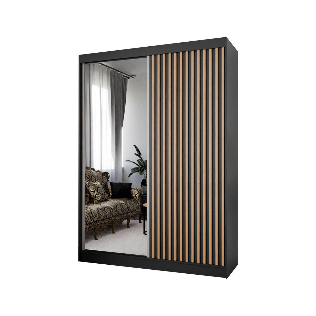 SCHIEBETÜRENSCHRANK LAMELIS - Eiche Wotan/Schwarz, Holzwerkstoff (150/215/61cm) - Meblini