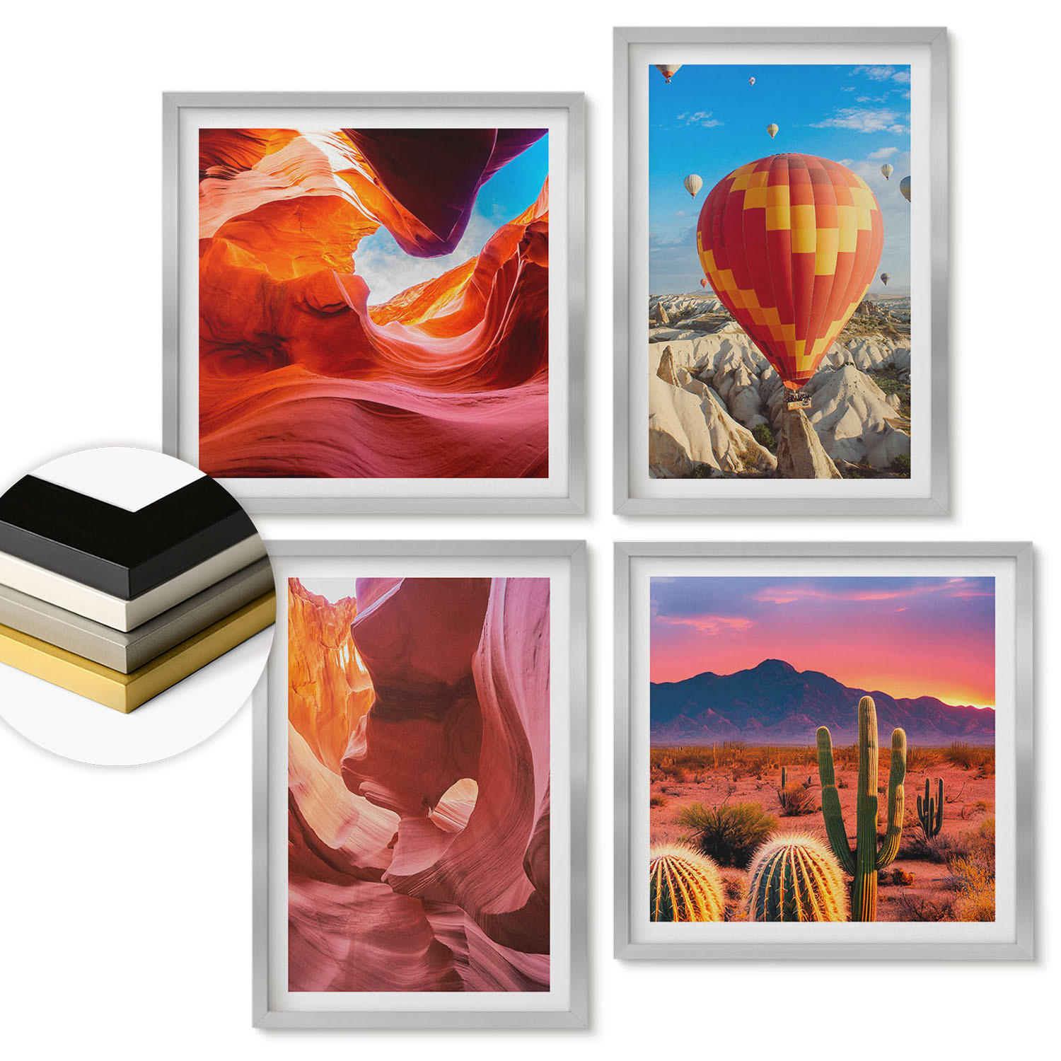 WANDBILDER 4er Set - 50x50 cm & 40x60 cm Silberner Rahmen - Landschaften von Wüstenschluchten - Silberfarben, Kunststoff (50/50cm) - ArtPrintCave