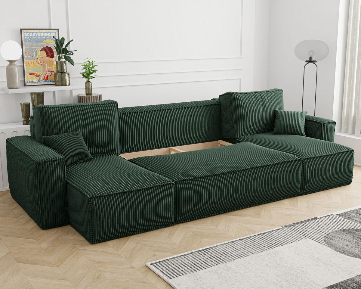 WOHNLANDSCHAFT Scarlo Dunkelgrün Cordbezug - Dunkelgrün/Schwarz, Kunststoff/Textil (312/83/145cm) - Selsey