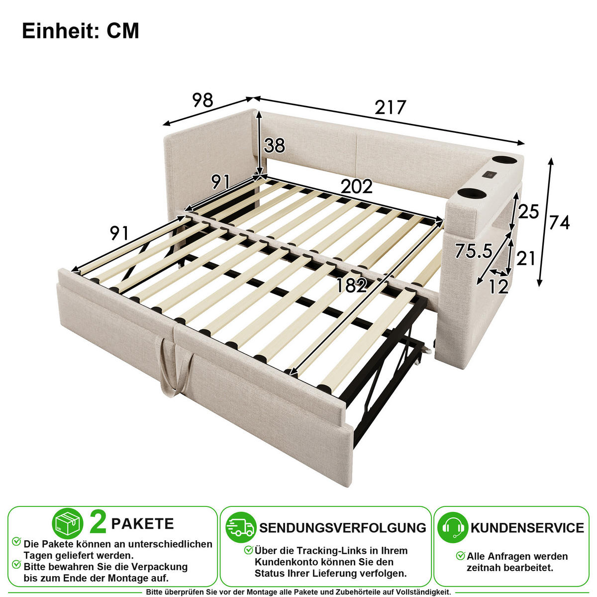 ČALOUNĚNÁ POSTEL 90/200 cm v béžové barvě s výsuvným lůžkem, USB a Type-C - béžová, kov/kompozitní dřevo (90/200cm) - CHICFURN