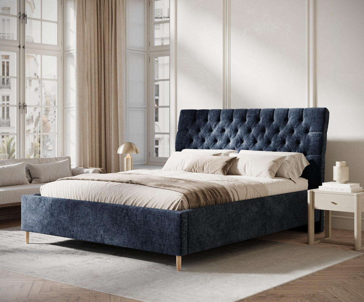 POLSTERBETT Vezzola Marineblau 180/200 cm im Chenille-Stoff - Naturfarben/Dunkelblau, Holz/Holzwerkstoff (180/200cm) - Maison de Reve