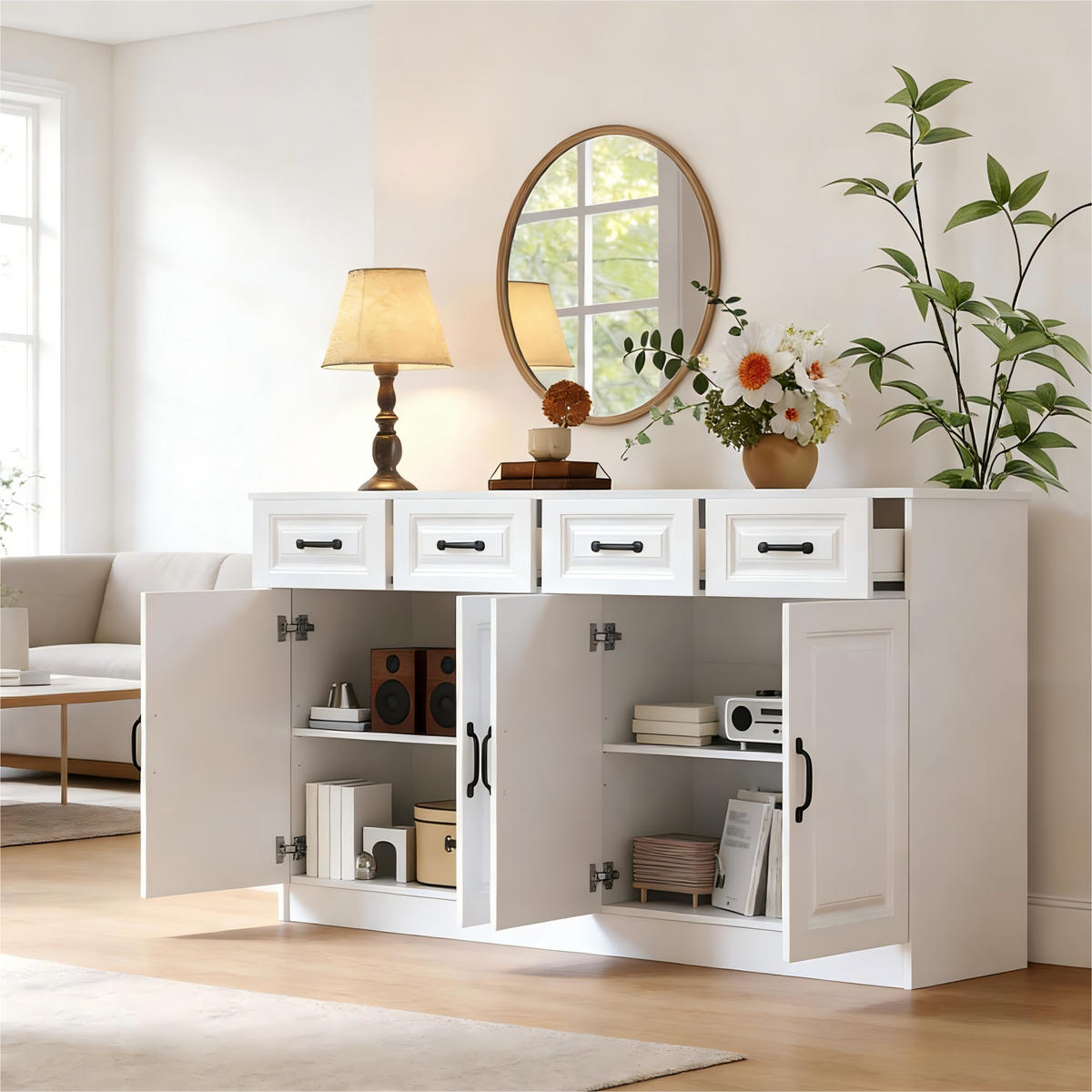 SIDEBOARD in Weiß Kommode mit verstellbarer Einlegeboden für Flur, Wohn-, Büros, B160/T35/TH80cm - Weiß/Naturfarben, Holzwerkstoff/Metall (160/80/35cm) - STILVORA