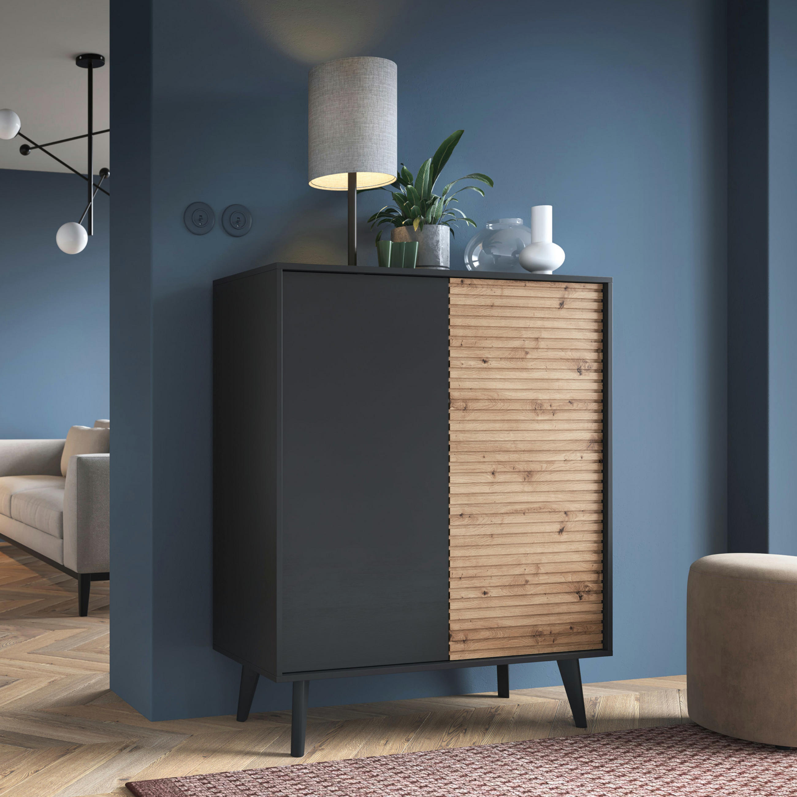 SIDEBOARD Saskatoon KD104 – Schwarz, Eiche Artisan - Schwarz/Eiche Artisan, Glas/Holzwerkstoff (104/83/39cm) - Komodee