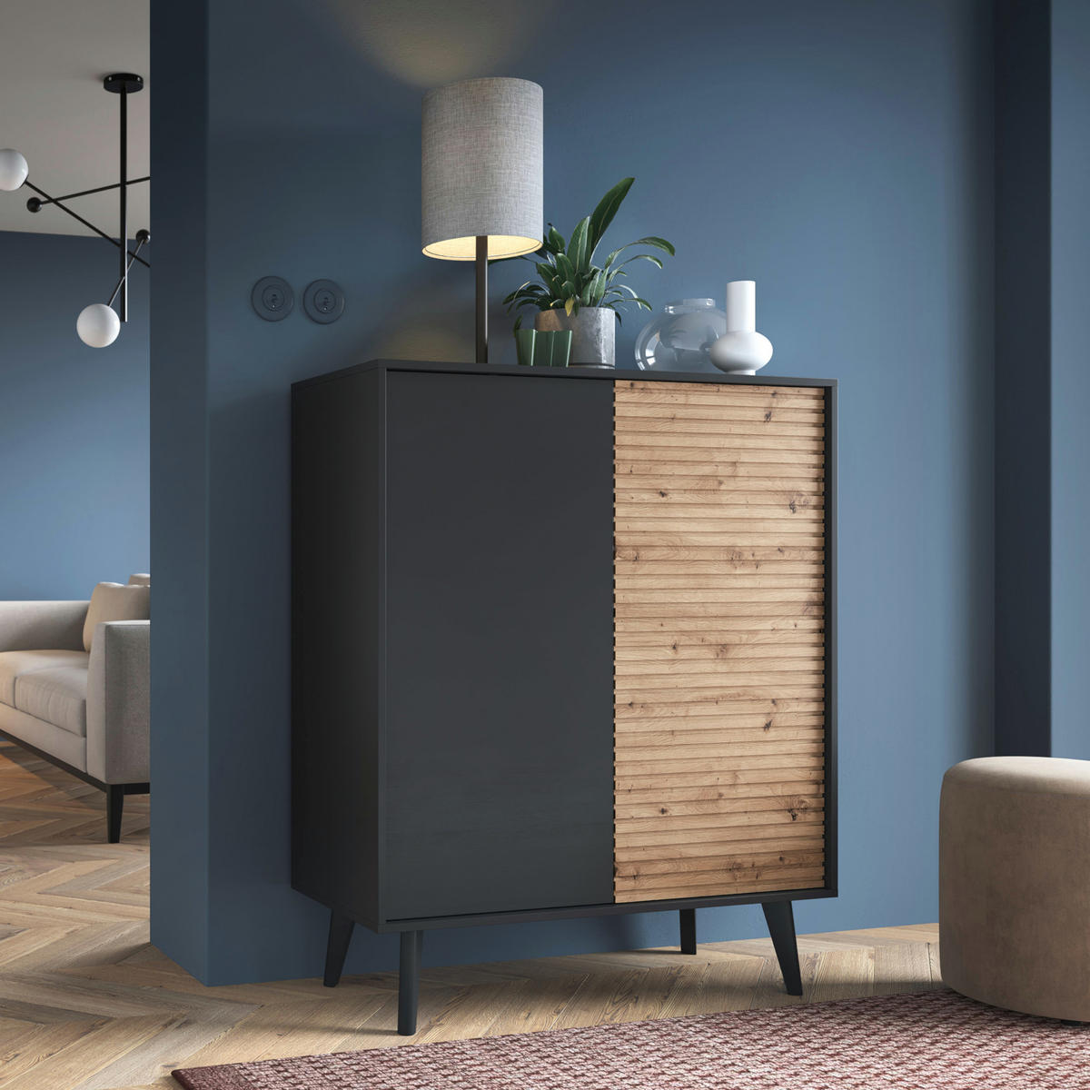 SIDEBOARD Saskatoon KD104 – Schwarz, Eiche Artisan - Schwarz/Eiche Artisan, Glas/Holzwerkstoff (104/83/39cm) - Komodee