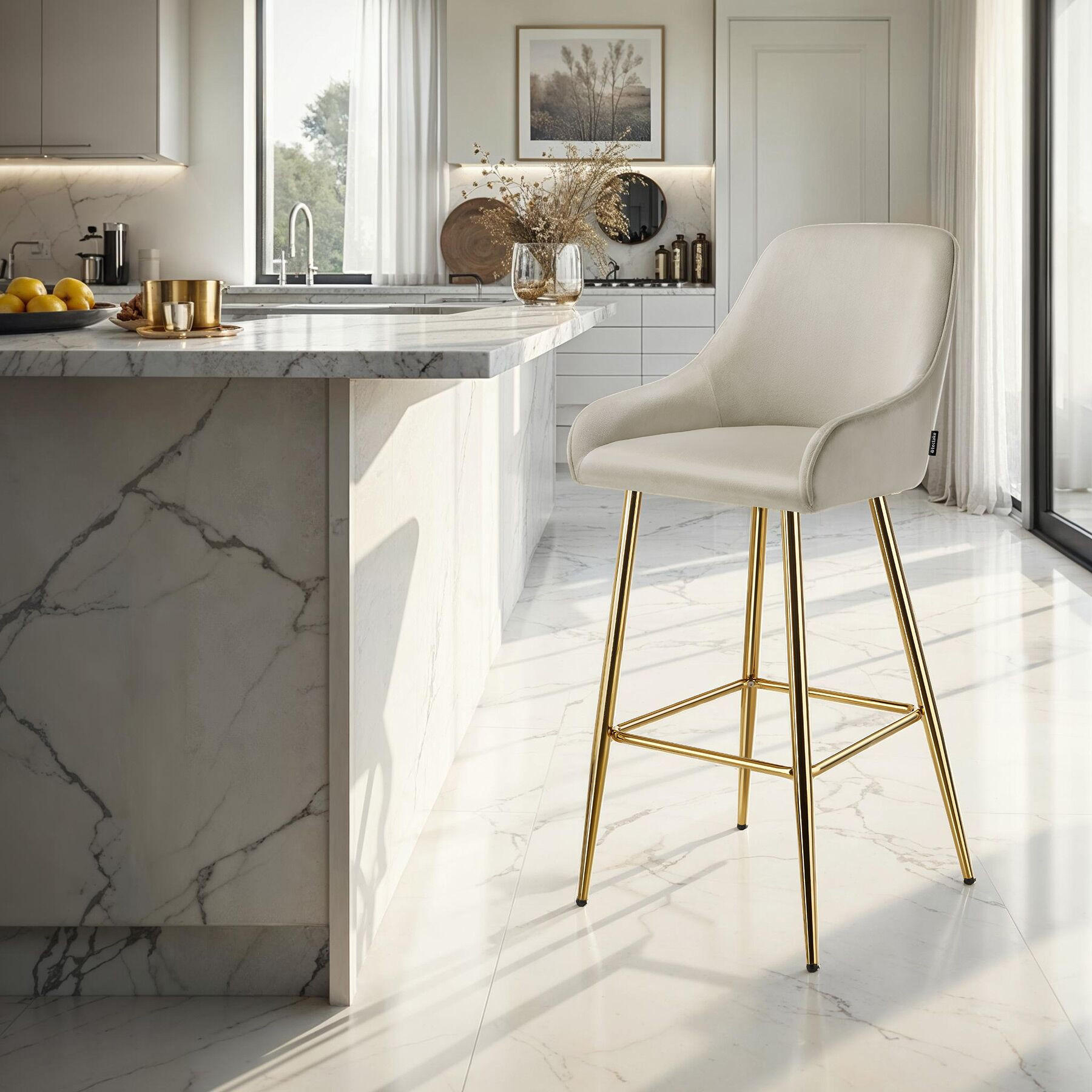 Thumbnail - tectake Barstuhl, Creme, Gold, Textil, 48.5x108x57 cm, Esszimmer, Barmöbel, Barhocker