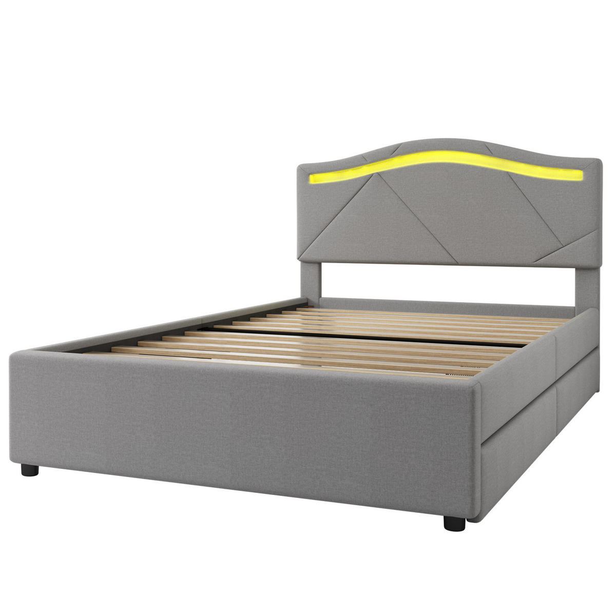 POLNJENA postelja iz lanu in MDF 90x200 cm siva z letvenim dnom, LED osvetlitvijo, 2 predaloma in nastavljivim vzglavjem - siva, tekstil (90/200cm) - Modfu